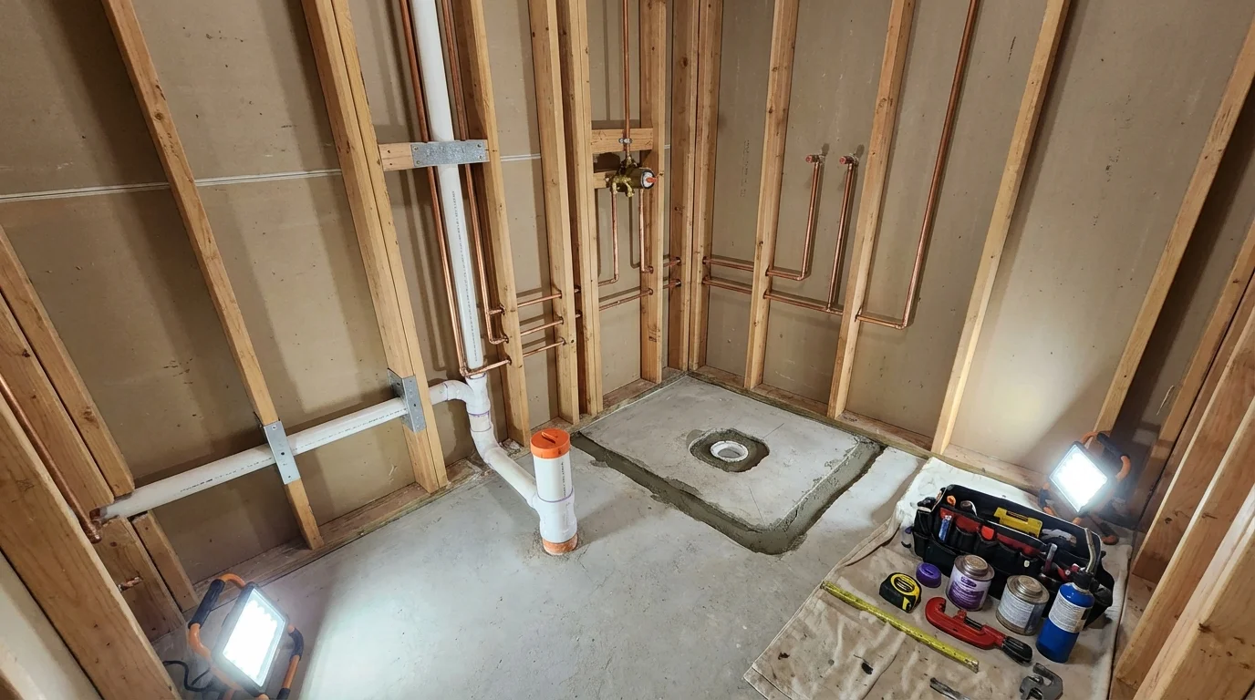 Bathroom rough-in plumbing during remodel by Johns Plumbing LLC in Moncks Corner