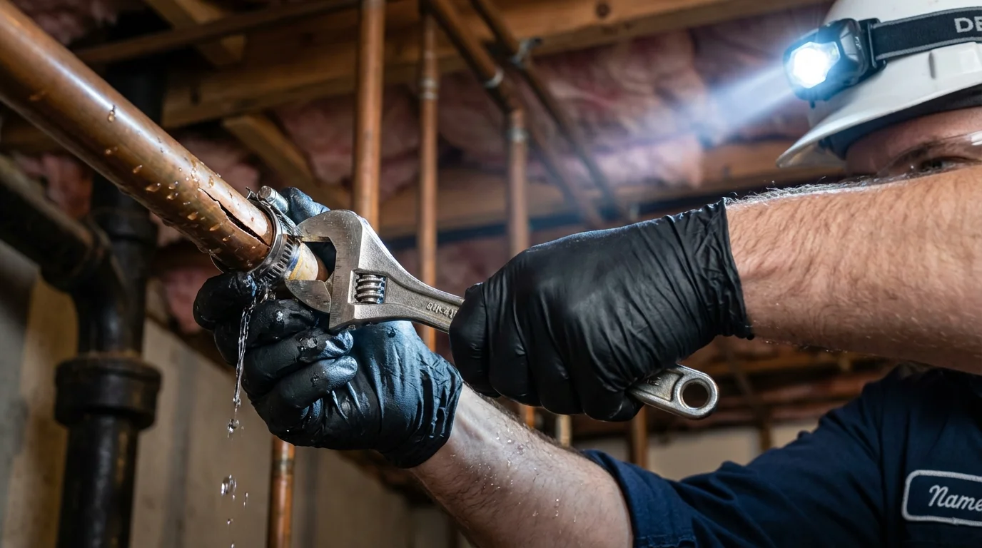 Emergency pipe clamp repair being performed by a Johns Plumbing LLC plumber in Moncks Corner